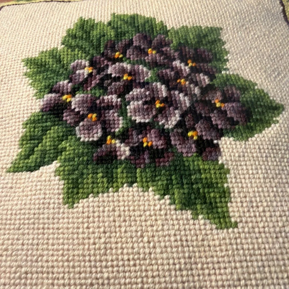 Vtg Needlepoint Pillow Purple Violets Zippered Cover Satin Backing 12x12